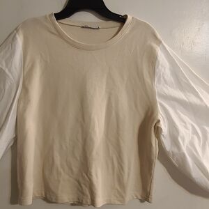 Zara Beige Top with White Balloon Sleeves Size M. Trendy/ Fashion Piece